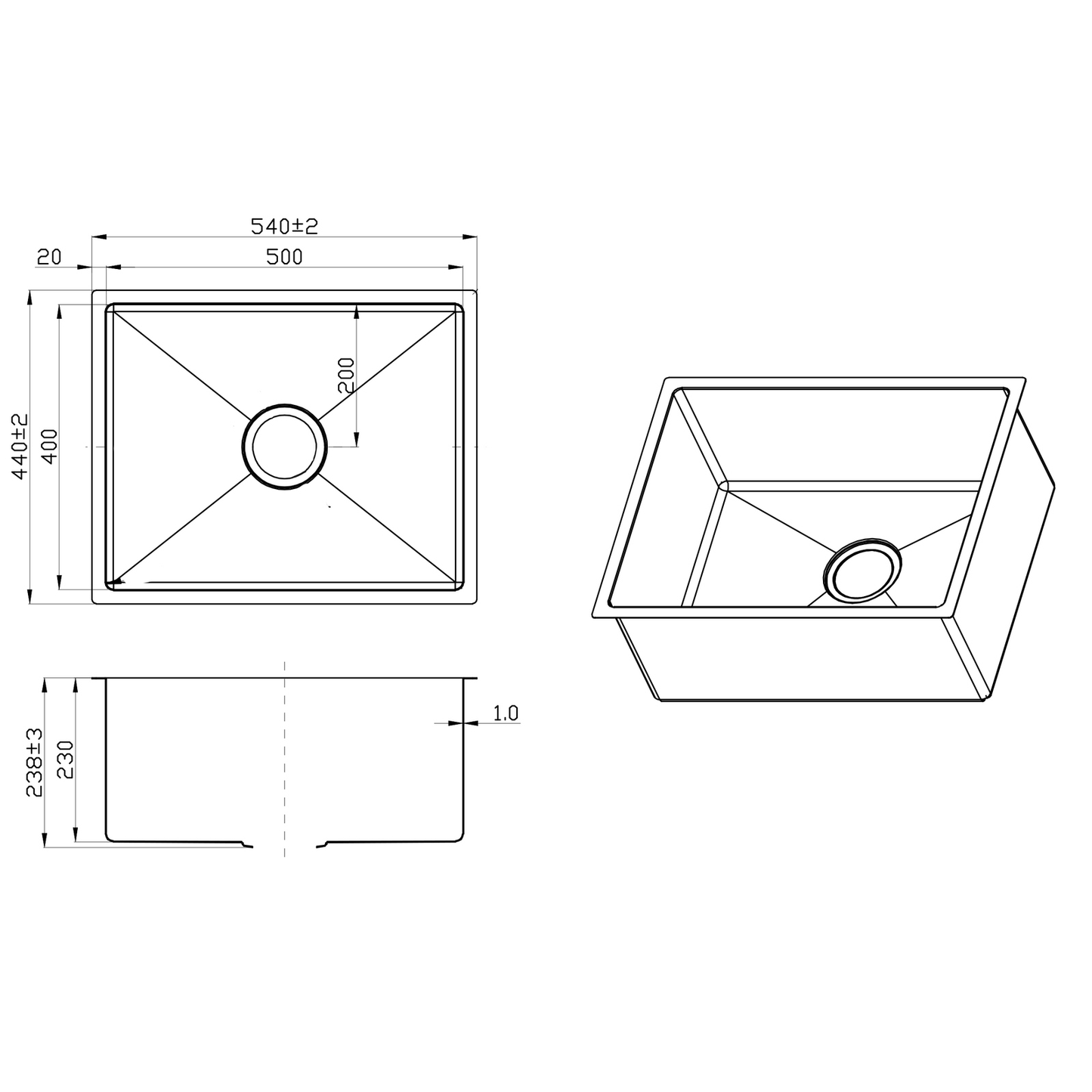 540X440mm Handmade Laundry Kitchen Sink Top/Under Mount Gun Metal
