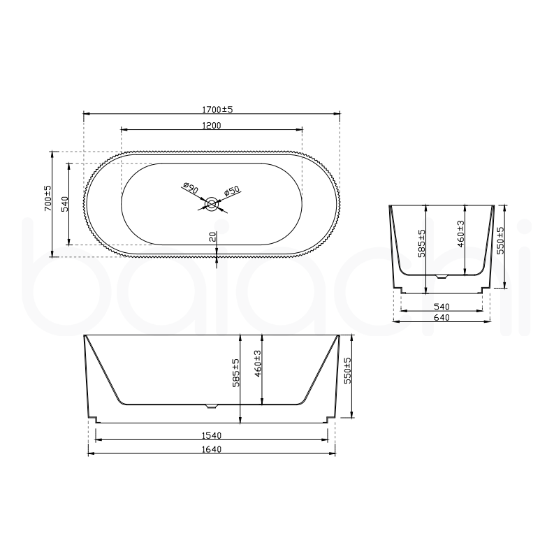 Baiachi Florence 1700 Fluted Oval Freestanding Bath MK2