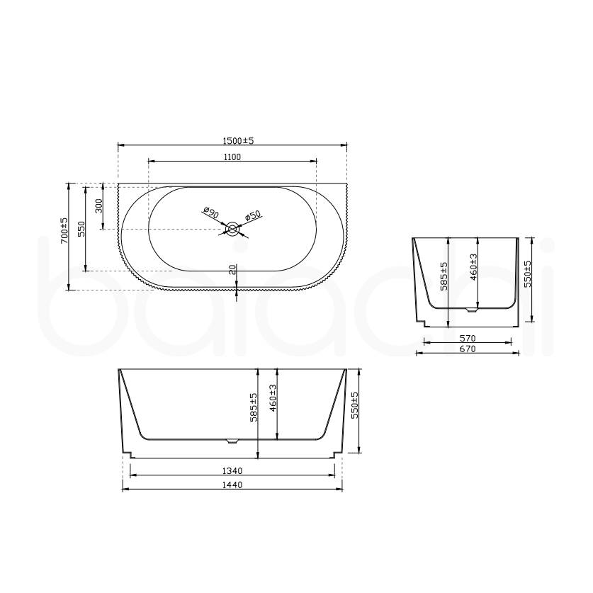 Baiachi Clara 1500 Fluted Back To Wall Freestanding Bath MK2