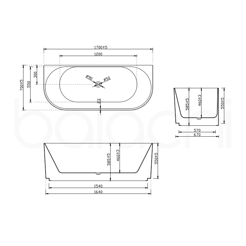 Baiachi Clara 1700 Fluted Back To Wall Freestanding Bath MK2
