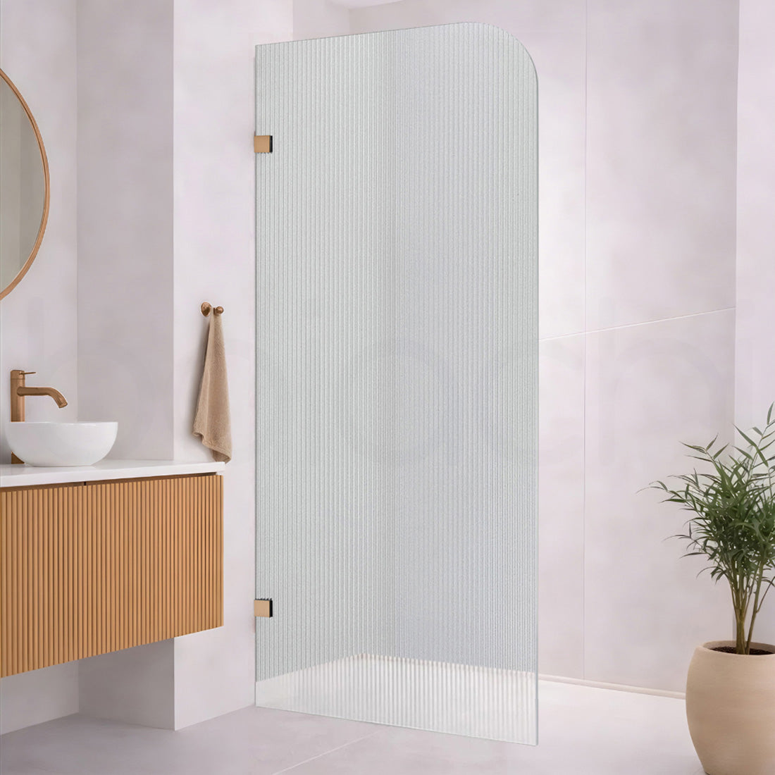 Baiachi 800mm Curved Fluted Glass Fixed Panel Shower Screen Brushed Copper