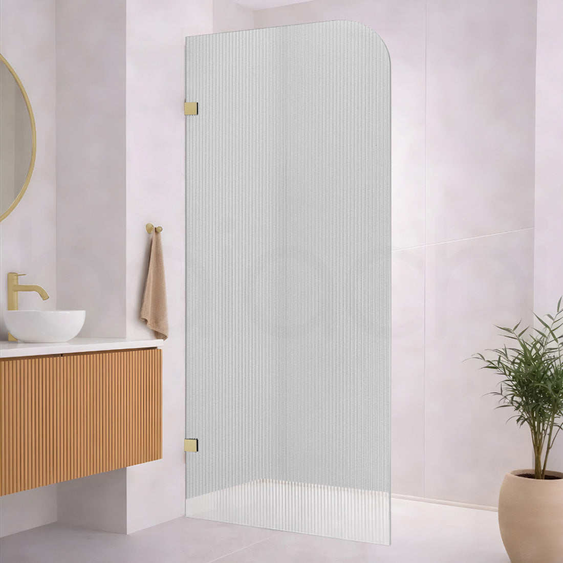 Baiachi 800mm Curved Fluted Glass Fixed Panel Shower Screen Brushed Gold