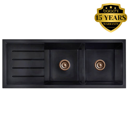 Baiachi 1160 x 450 Double Bowl and Drainer Granite Kitchen Sink Black with Brushed Copper Waste
