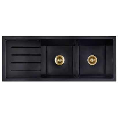 Baiachi 1160 x 450 Double Bowl and Drainer Granite Kitchen Sink Black with Brushed Gold Waste