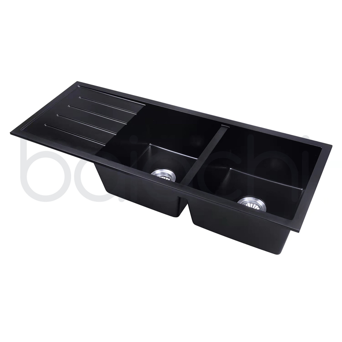 Baiachi 1160 x 450 Double Bowl and Drainer Granite Kitchen Sink Black with Antique Bronze Waste