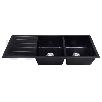 Baiachi 1160 x 450 Double Bowl and Drainer Granite Kitchen Sink Black with Stainless Steel Waste