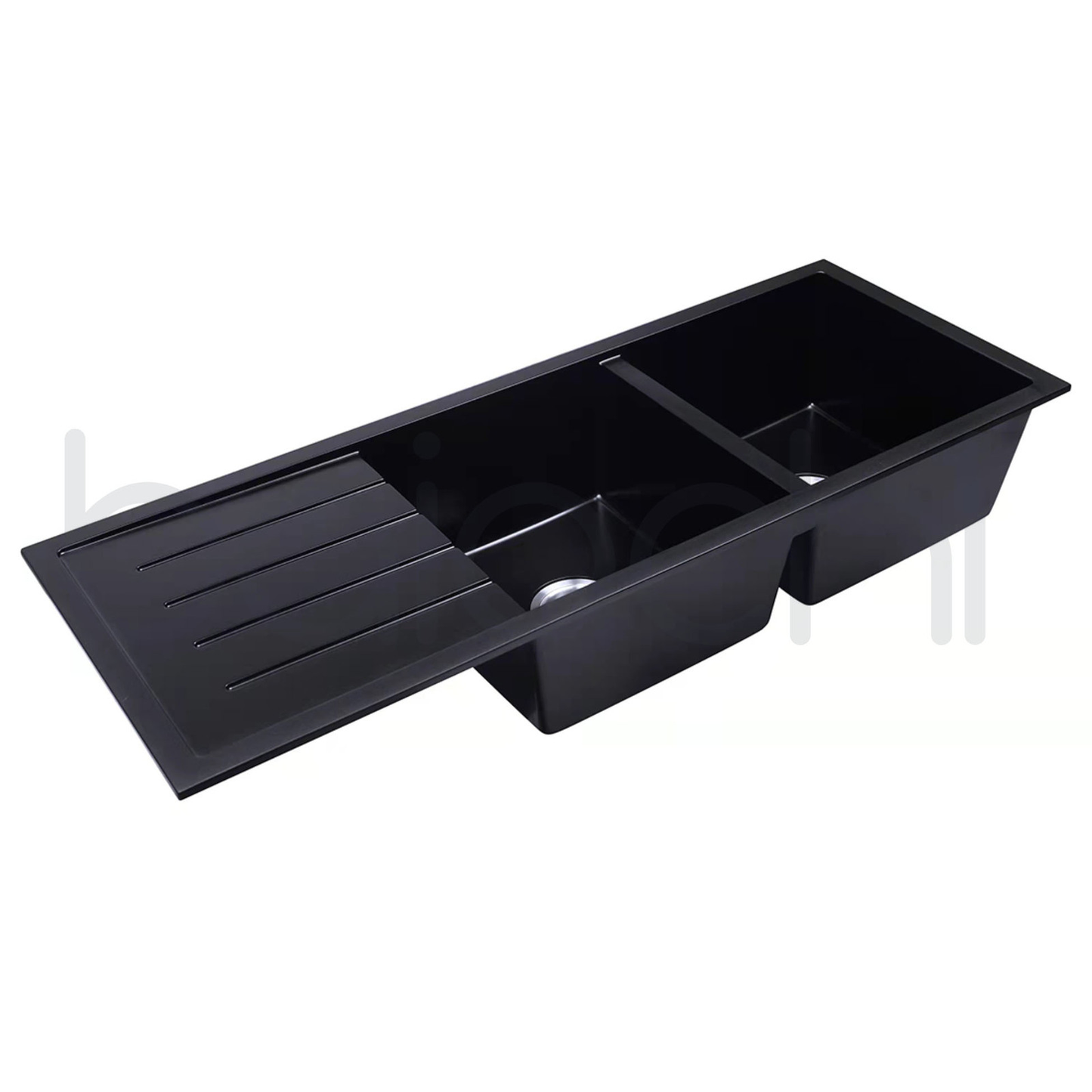 Baiachi 1160 x 450 Double Bowl and Drainer Granite Kitchen Sink Black with Brushed Copper Waste