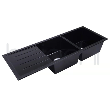 Baiachi 1160 x 450 Double Bowl and Drainer Granite Kitchen Sink Black with Brushed Copper Waste