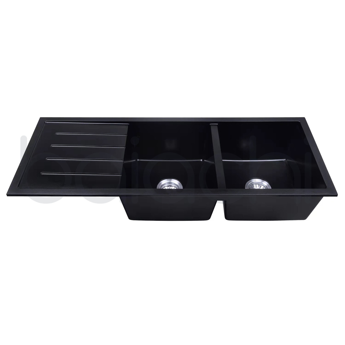 Baiachi 1160 x 450 Double Bowl and Drainer Granite Kitchen Sink Black with Brushed Copper Waste