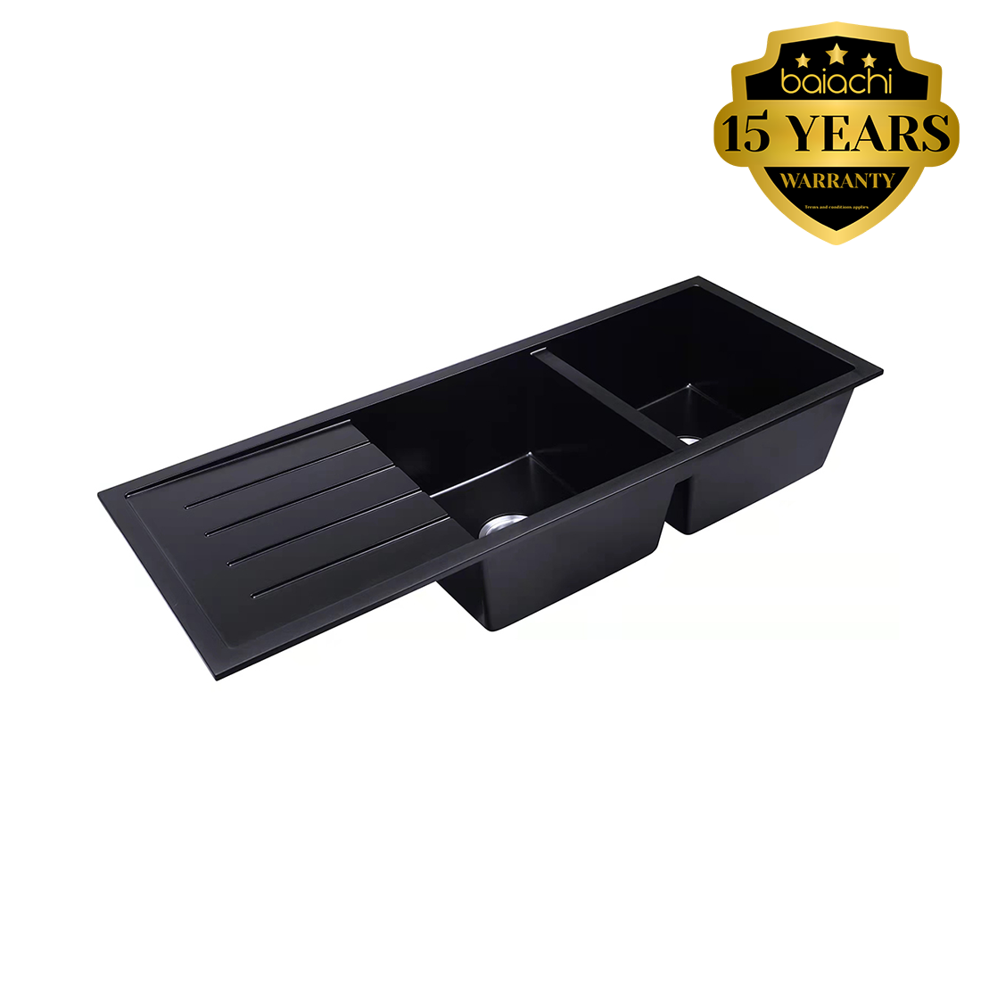 Baiachi 1160 x 450 Double Bowl and Drainer Granite Kitchen Sink Black