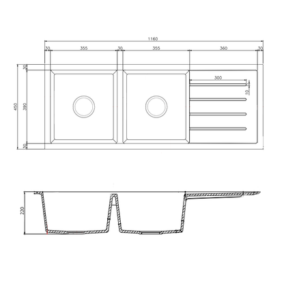 Baiachi 1160 x 450 Double Bowl and Drainer Granite Kitchen Sink Black