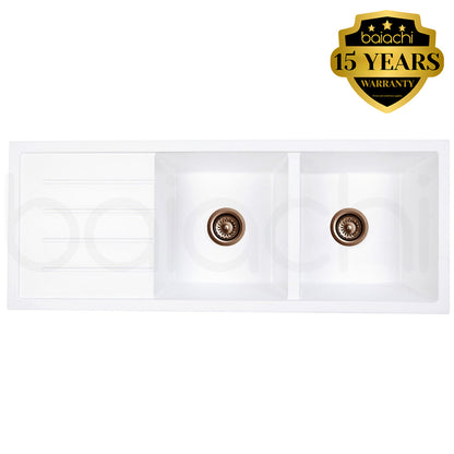 Baiachi 1160 x 450 Double Bowl and Drainer Granite Kitchen Sink White with Brushed Copper Waste