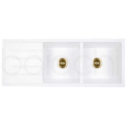 Baiachi 1160 x 450 Double Bowl and Drainer Granite Kitchen Sink White with Brushed Gold Waste