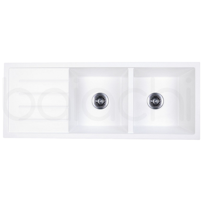 Baiachi 1160 x 450 Double Bowl and Drainer Granite Kitchen Sink White with Black Waste