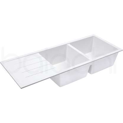 Baiachi 1160 x 450 Double Bowl and Drainer Granite Kitchen Sink White with Gun metal Waste