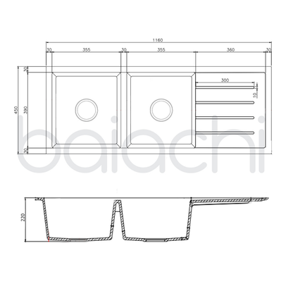 Baiachi 1160 x 450 Double Bowl and Drainer Granite Kitchen Sink White with Gun metal Waste