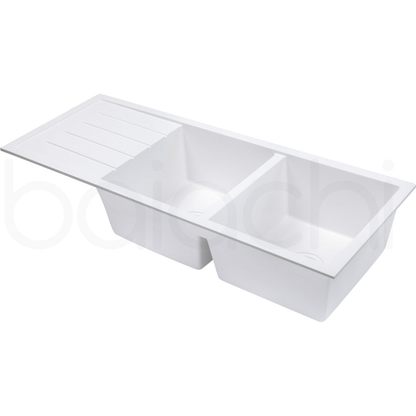 Baiachi 1160 x 450 Double Bowl and Drainer Granite Kitchen Sink White with Brushed Copper Waste