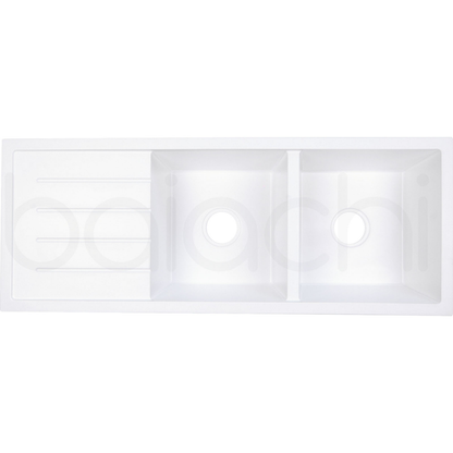 Baiachi 1160 x 450 Double Bowl and Drainer Granite Kitchen Sink White with Brushed Copper Waste