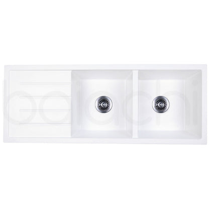 Baiachi 1160 x 450 Double Bowl and Drainer Granite Kitchen Sink White with Stainless Steel Waste
