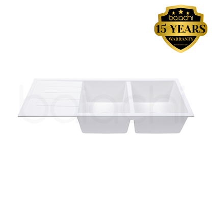 Baiachi 1160 x 450 Double Bowl and Drainer Granite Kitchen Sink White