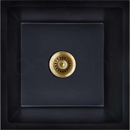 Baiachi 450 x 450 Single Bowl Granite Kitchen Sink Black with Brushed Gold Waste