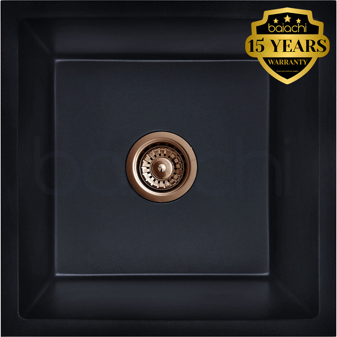 Baiachi 450 x 450 Single Bowl Granite Kitchen Sink Black with Brushed Copper Waste