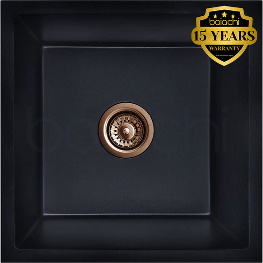 Baiachi 450 x 450 Single Bowl Granite Kitchen Sink Black with Brushed Copper Waste