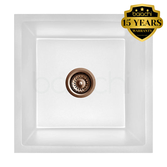Baiachi 450 x 450 Single Bowl Granite Kitchen Sink White with Brushed Copper Waste
