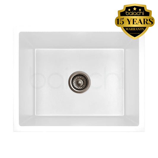 Baiachi 550 x 450 Single Bowl Granite Kitchen Sink White with Antique Bronze Waste