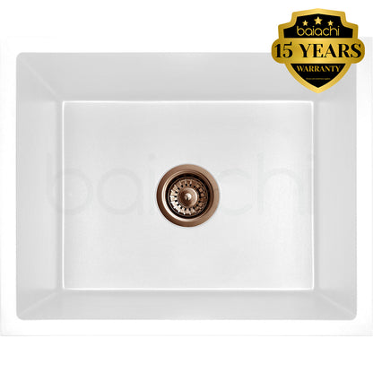 Baiachi 550 x 450 Single Bowl Granite Kitchen Sink White with Brushed Copper Waste