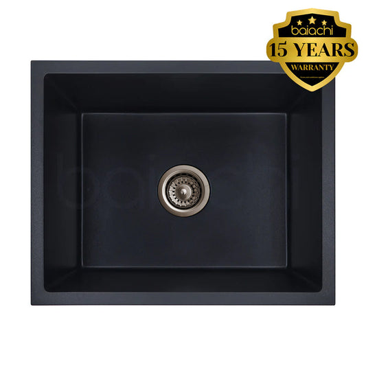 Baiachi 650 x 450 Single Bowl Granite Kitchen Sink Black with Antique Bronze Waste