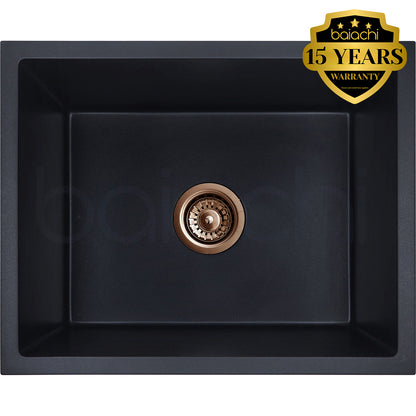 Baiachi 650 x 450 Single Bowl Granite Kitchen Sink Black with Brushed Copper Waste