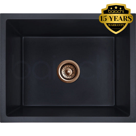 Baiachi 650 x 450 Single Bowl Granite Kitchen Sink Black with Brushed Copper Waste