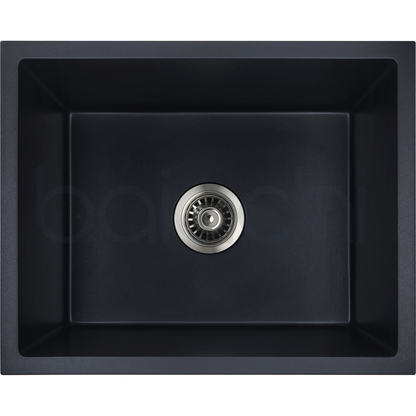 Baiachi 650 x 450 Single Bowl Granite Kitchen Sink Black with Brushed Gold Waste