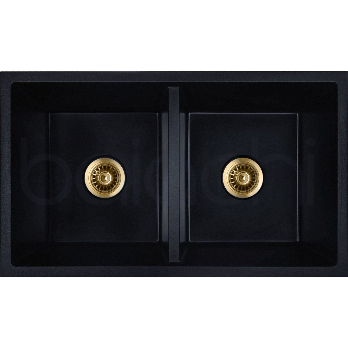 Baiachi 770 x 450 Double Bowl Granite Kitchen Sink Black with Brushed Gold Waste