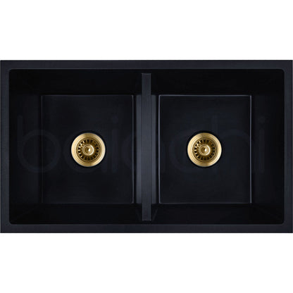 Baiachi 770 x 450 Double Bowl Granite Kitchen Sink Black with Brushed Gold Waste