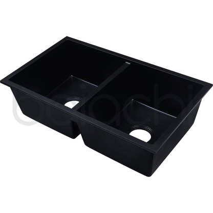 Baiachi 770 x 450 Double Bowl Granite Kitchen Sink Black with Black Waste