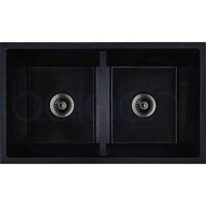 Baiachi 770 x 450 Double Bowl Granite Kitchen Sink Black with Gun metal Waste