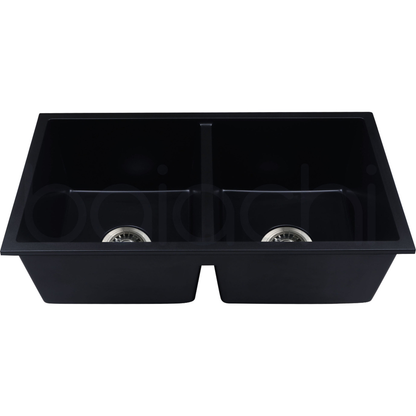 Baiachi 770 x 450 Double Bowl Granite Kitchen Sink Black with Brushed Copper Waste