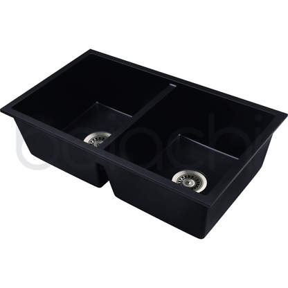 Baiachi 770 x 450 Double Bowl Granite Kitchen Sink Black with Brushed Copper Waste