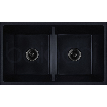 Baiachi 770 x 450 Double Bowl Granite Kitchen Sink Black with Stainless Steel Waste