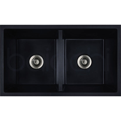 Baiachi 770 x 450 Double Bowl Granite Kitchen Sink Black with Stainless Steel Waste