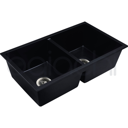 Baiachi 770 x 450 Double Bowl Granite Kitchen Sink Black with Brushed Copper Waste