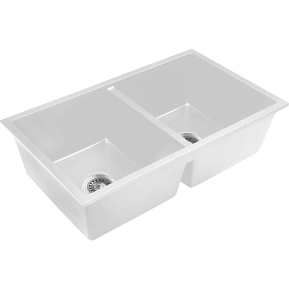 Baiachi 770 x 450 Double Bowl Granite Kitchen Sink White with Brushed Gold Waste