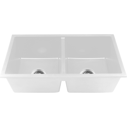 Baiachi 770 x 450 Double Bowl Granite Kitchen Sink White with Brushed Gold Waste