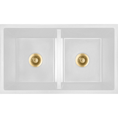 Baiachi 770 x 450 Double Bowl Granite Kitchen Sink White with Brushed Gold Waste