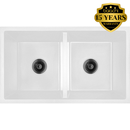 Baiachi 770 x 450 Double Bowl Granite Kitchen Sink White with Black Waste