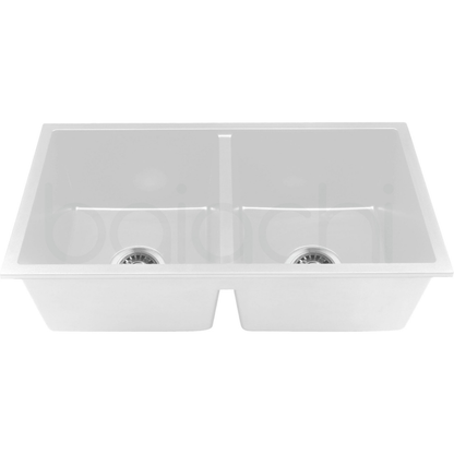 Baiachi 770 x 450 Double Bowl Granite Kitchen Sink White with Stainless Steel Waste