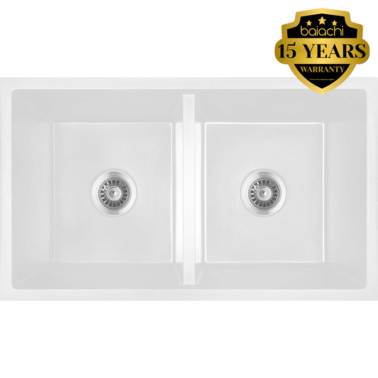 Baiachi 770 x 450 Double Bowl Granite Kitchen Sink White with Stainless Steel Waste