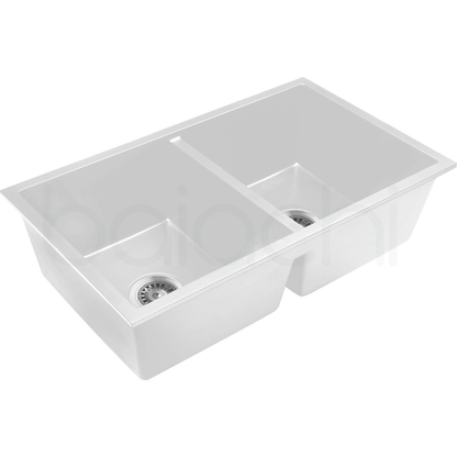 Baiachi 770 x 450 Double Bowl Granite Kitchen Sink White with Brushed Copper Waste